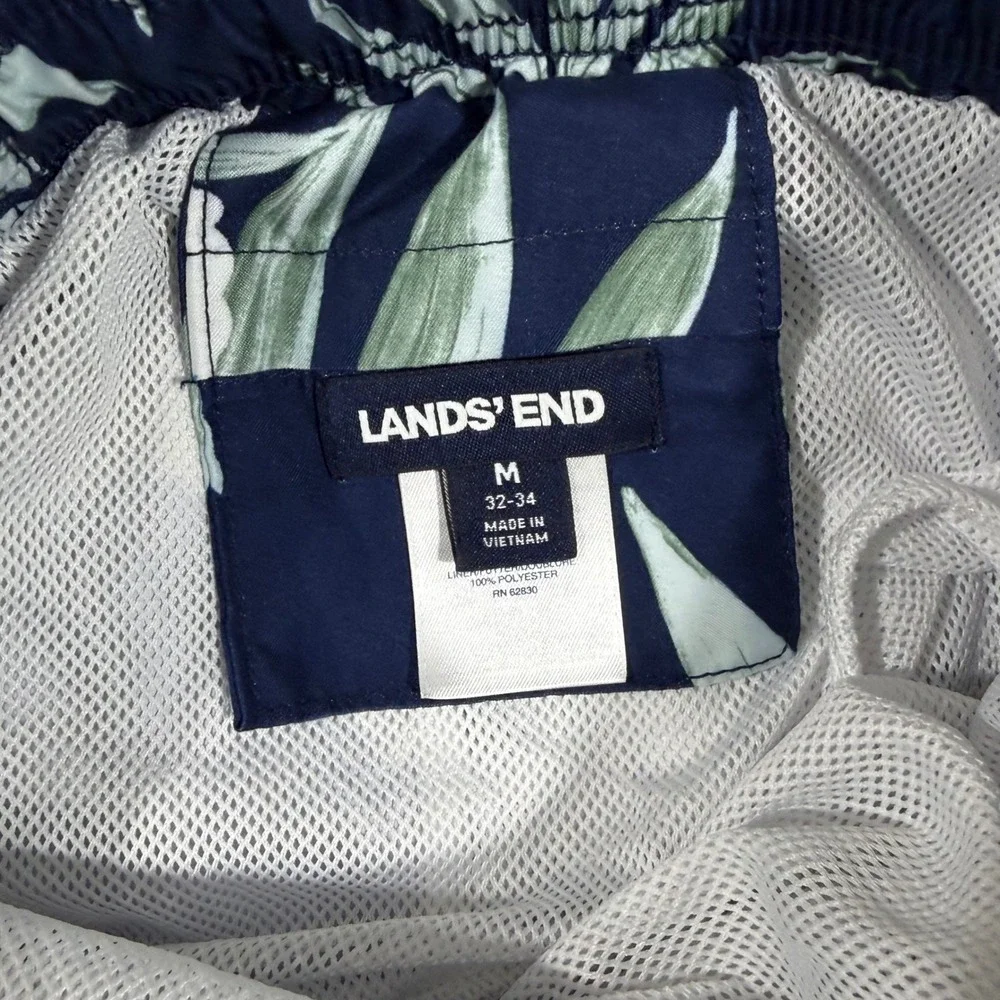 Lands' End Swim Trunks Mens Medium Navy Blue Floral‎ 5 Inch Inseam